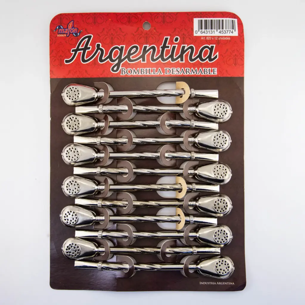 art. 820 Blister Bombilla Argentina bronce niquelado desarmable caño mediano repujado y pico bañado