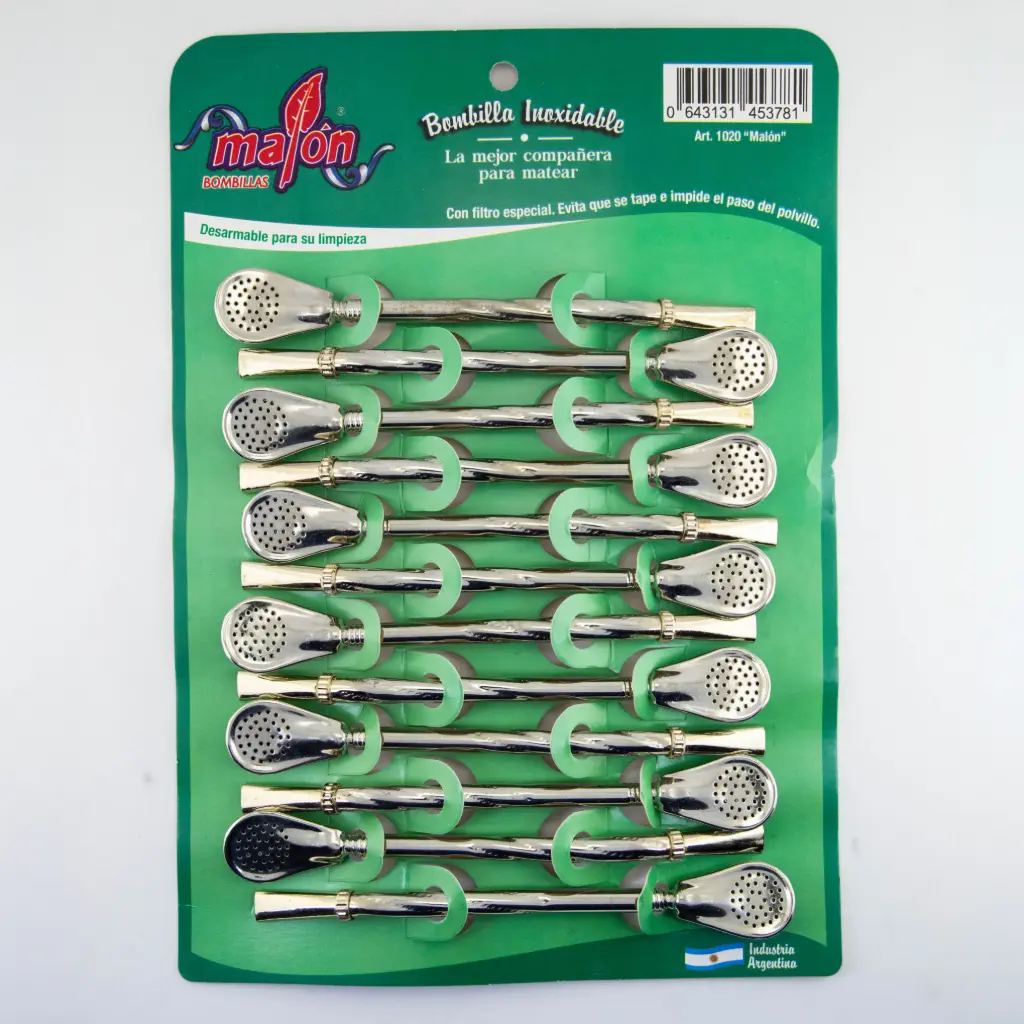 art. 1020 Blister Bombilla Malón Bronce Niquelado desarmable caño mediano repujado con coco paleta (Corto, Curvo)