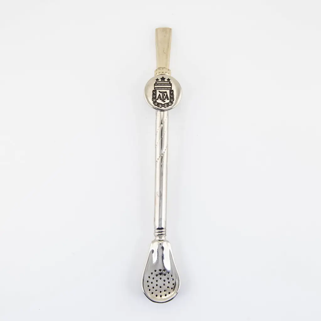 art. 1020 Bombilla Malón Bronce Niquelado desarmable caño mediano repujado con coco paleta (Corto, Curvo, (ninguno))