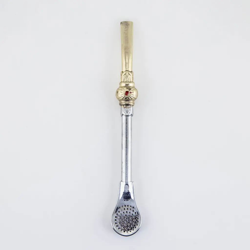 art. 212 Bombilla Brasilera Latón Cromado caño redondo virola de bronce pico bañado coco paleta con piedra simil rubi  (Corto)