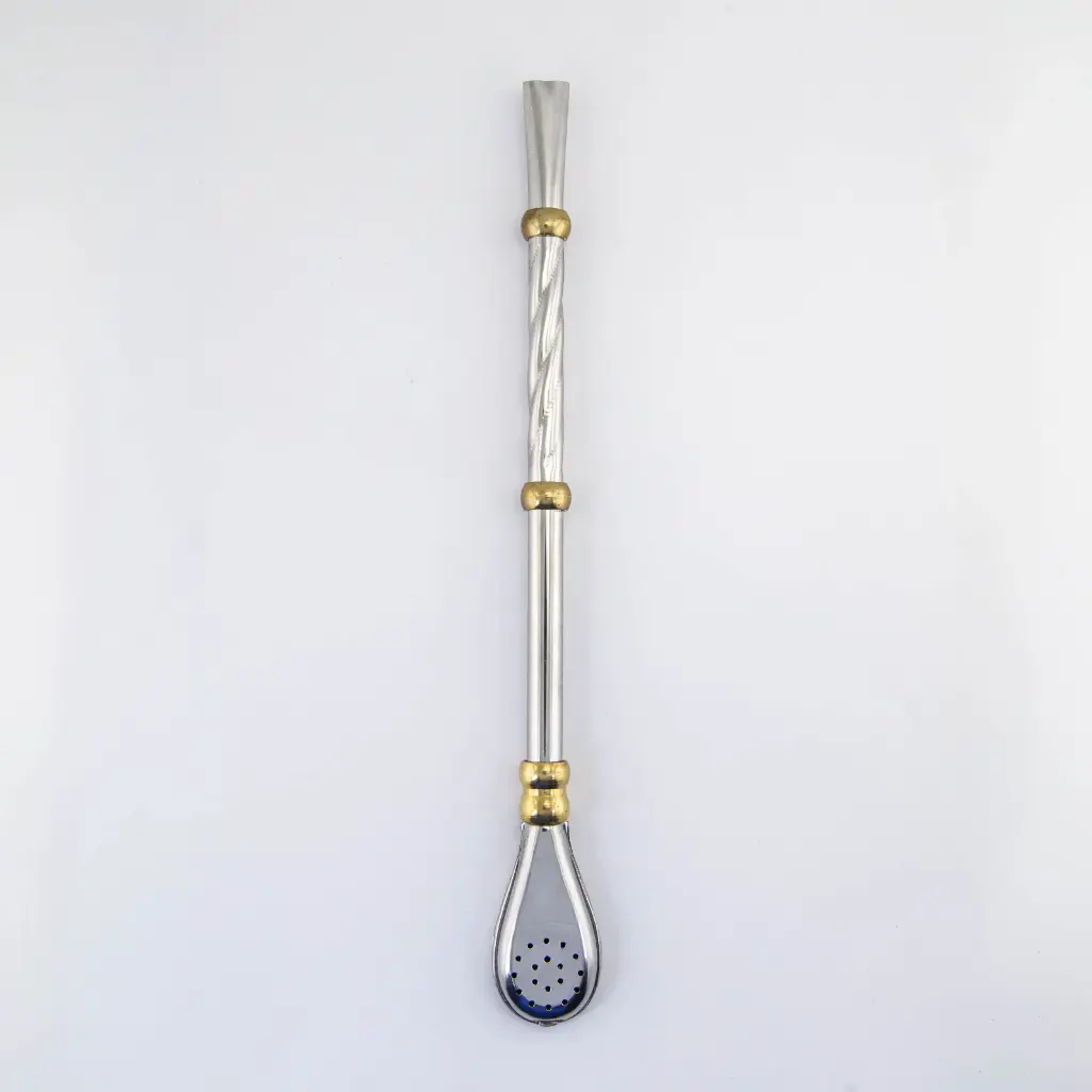 art. 922 Bombilla Malón Acero Inoxidable caño repujado con virola de bronce (Corto, Curvo)